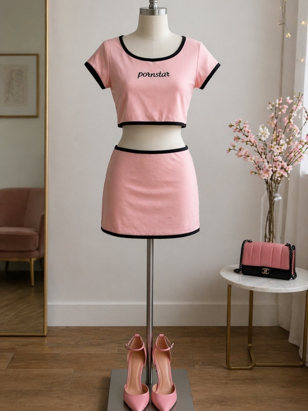 Club Exx Baby Pink Black Trim Ribbed Y2K Matching Set Size M & XL